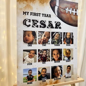 My First Year Birthday Board, 12 Months Milestone Photos, My First Year, Football Birthday Decoration, Football birthday party, Boy birthday