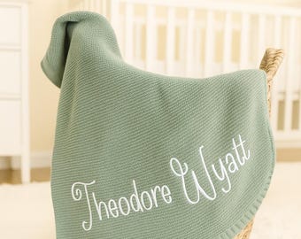 Geborduurd babydeken, zacht katoenen gebreide babydeken, gepersonaliseerd gebreide babynaamdeken, babyshowercadeau, pasgeboren aandenken cadeau