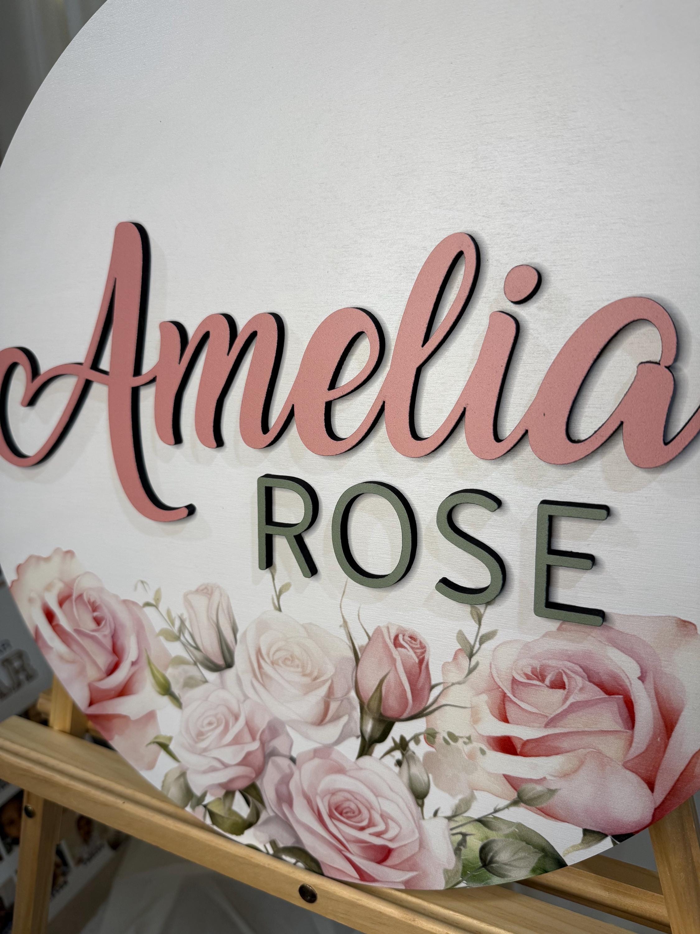 Name Sign Girl Rustic Rectangular Round 3D Nursery Name Sign Floral Pattern, Personalized Wooden Sign, 18 ...