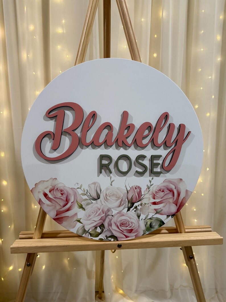 Round 3D Nursery Name Sign Roses Pattern, Personalized Wooden Sign, 18 ...