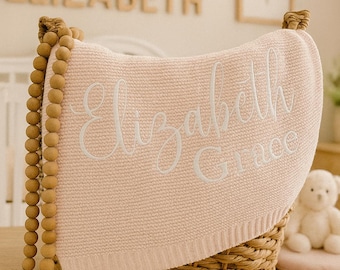 Geborduurd babydeken, zacht katoenen gebreide babydeken, gepersonaliseerd gebreide babynaamdeken, babyshowercadeau, pasgeboren aandenken cadeau