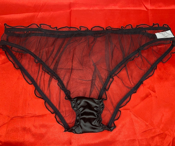 Black Frilly See Through Nylon Mesh Bikini Panties With Satin