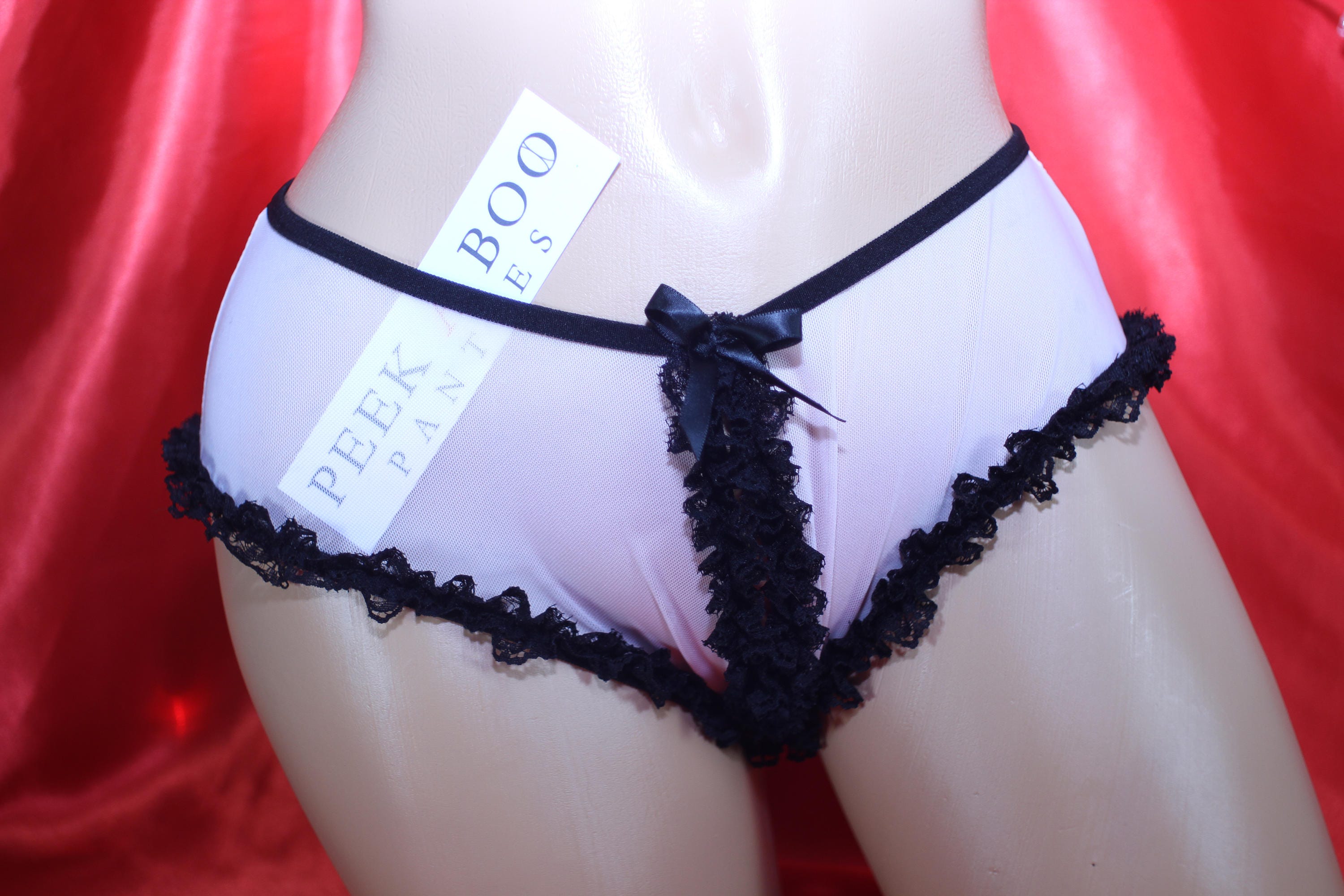 Pink & Black Frilly Lace See Through Crotchless Bikini Panties Knickers