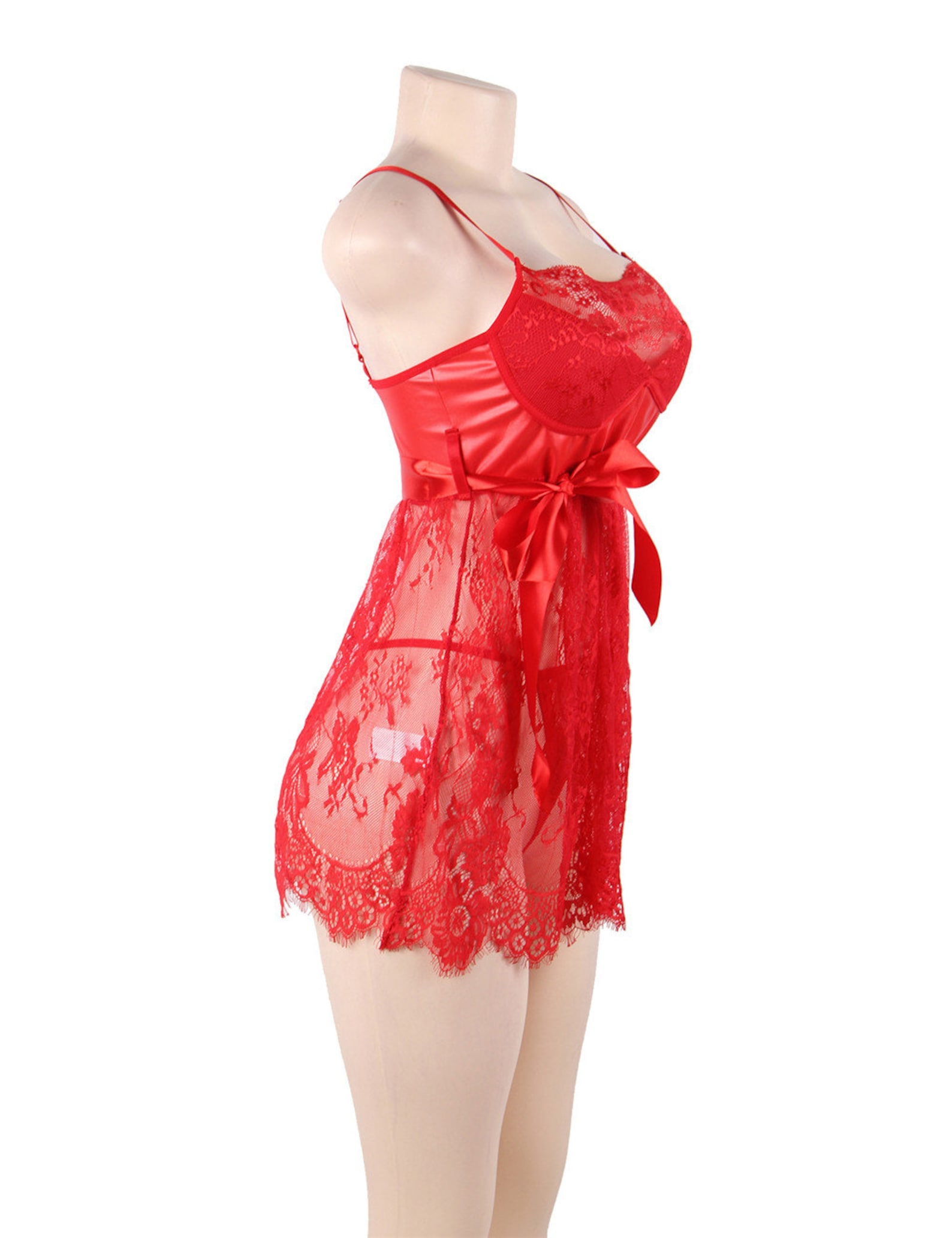 Red Seethrough Lace Baby Doll With Support Bra & Thong Curvy Size UK