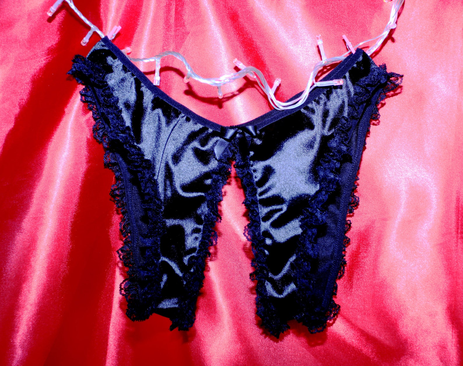Black Satin And Frilly Lace Crotchless Bikini Panties Knickers Etsy 