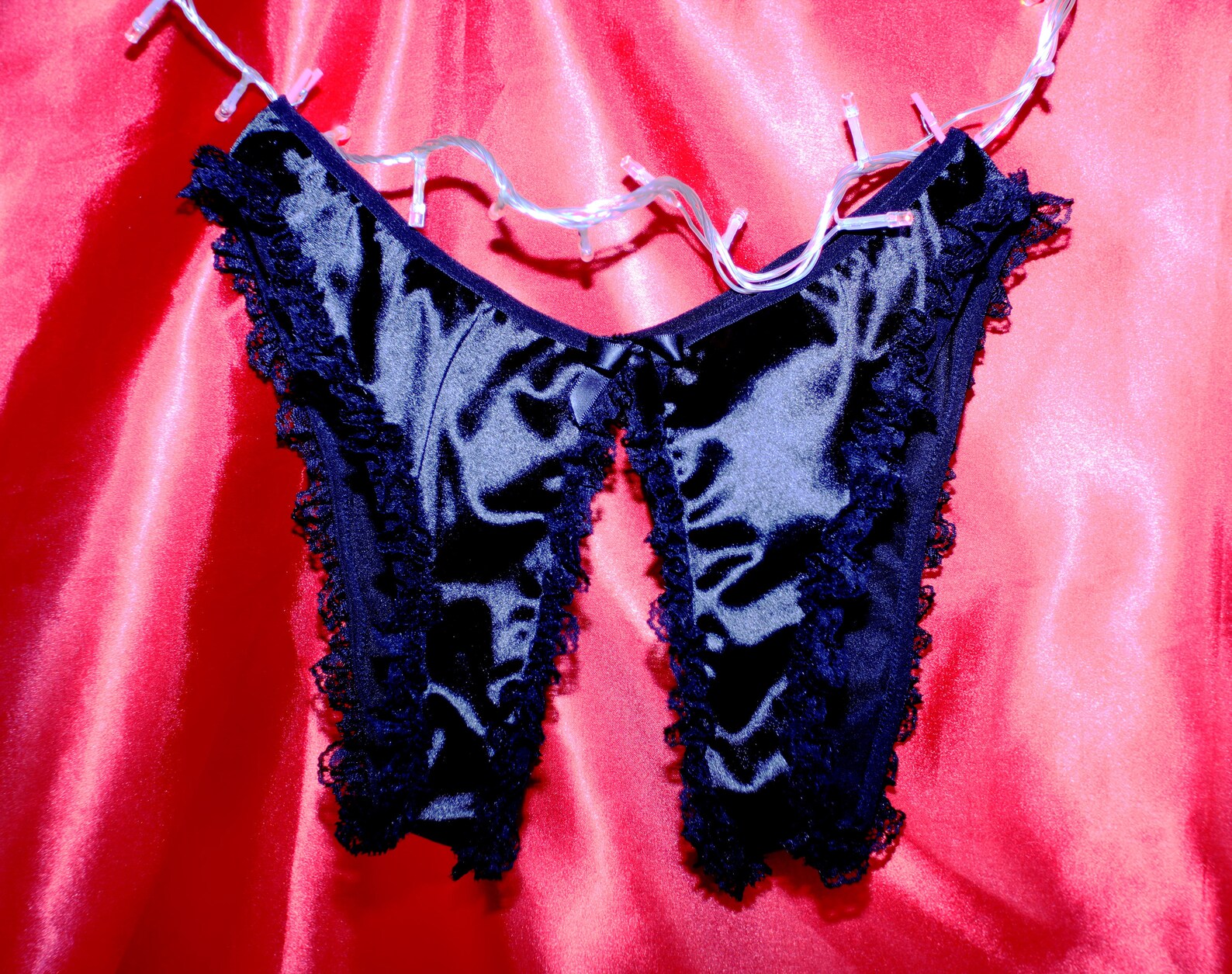 Black Satin & Frilly Lace Crotchless Bikini Panties Knickers Etsy