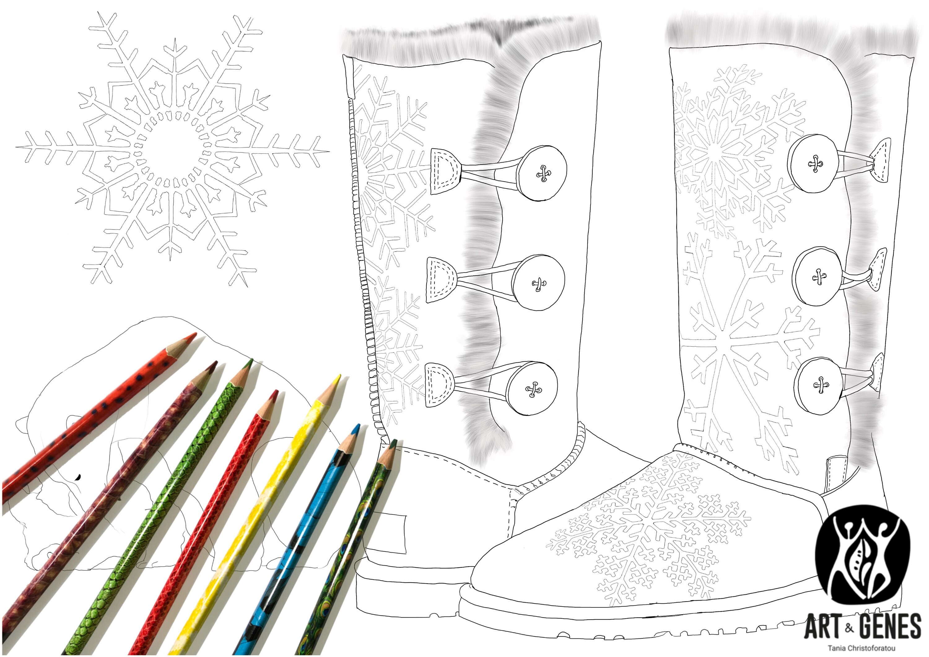 UGG snowflakes and bears Premium Coloring Page for adults | Etsy