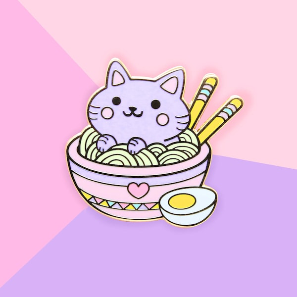 Ramen Noodles Foodie Cat - Hard Enamel Gold Lapel Pin Kawaii Kitty