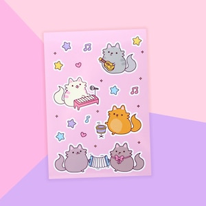 Musical Cats Sticker Sheet A6 - Vinyl Kawaii Kitty Stickers