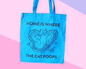 Eco Cotton Screen Printed Tote Bag - Home is Where the Cat Poops Light Blue
