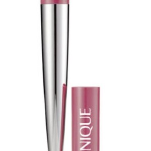 May include: A Clinique cosmetic applicator with a metallic silver tapered body, a mauve-colored neck, and a black foam tip. Beside the applicator stands a matching mauve-colored cylindrical cap with the brand name Clinique printed in white text.