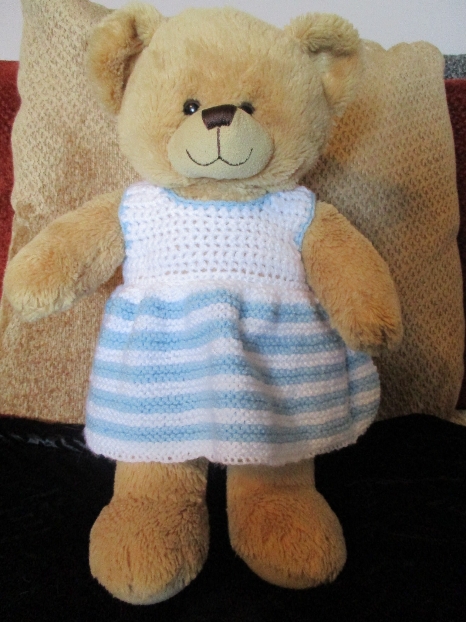 blue and white striped teddy bear
