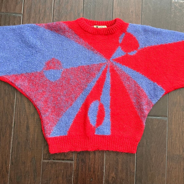 Vintage Abstract Red Purple Cropped Knit Top 80’s Sweater