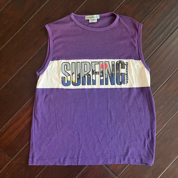 90’s Vintage Surf Weekends Purple Mesh sleeveless 1990’s beach tank top shirt