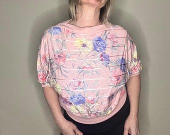 Vintage Pink Floral Cropped Women’s Top 80’s Batwing AOP Blouse Shirt