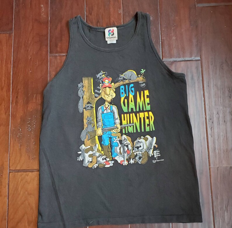 NOS vtg 90s Big Game Hunter Hunting Dogs Animals White Trash Hillbilly Funny Cartoon 1995 single stitch singlet t shirt