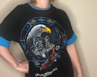 Camiseta vintage de arte indio nativo de los años 90 con punto simple y motivos de naturaleza para turistas