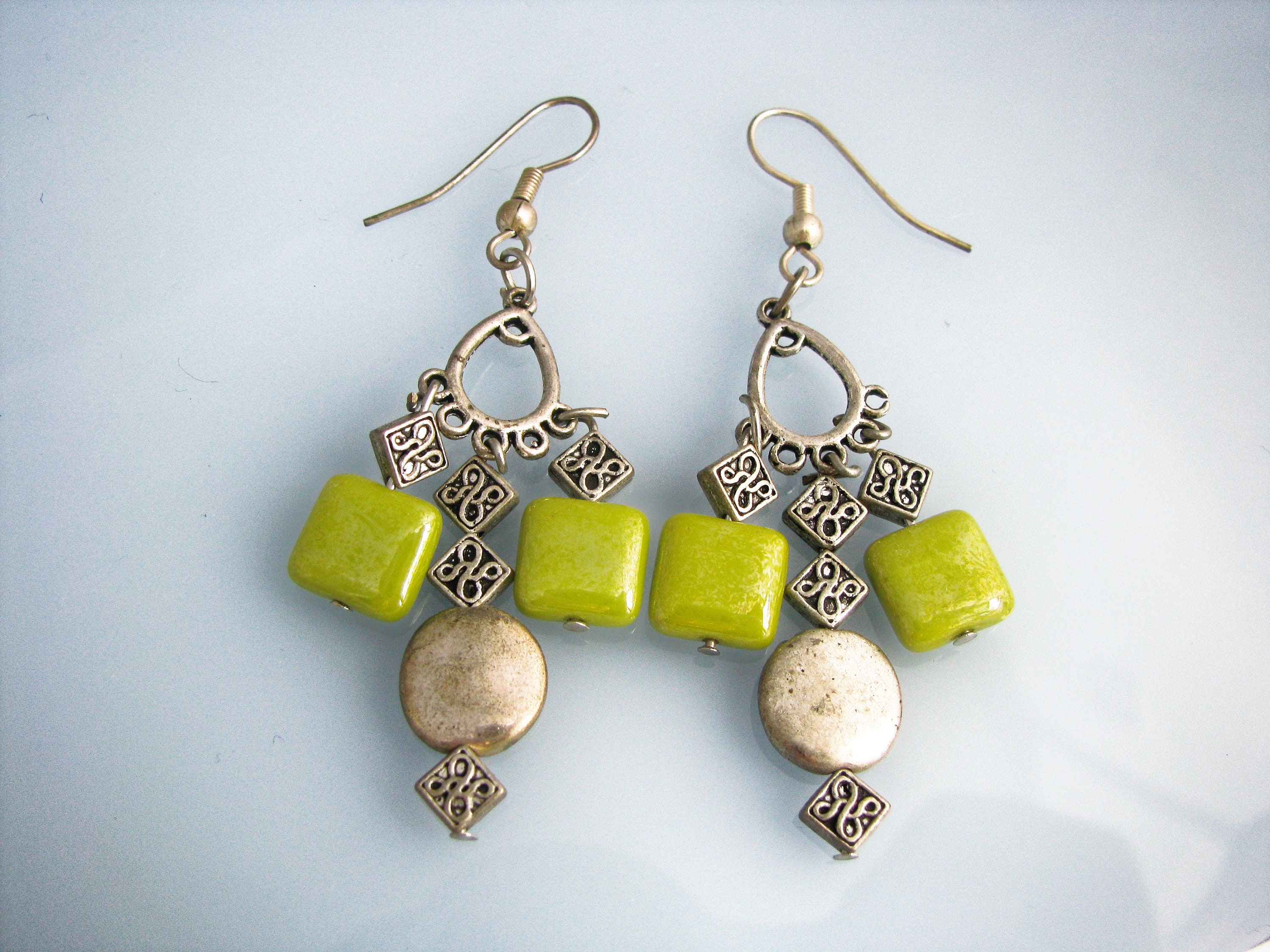 Earrings olive green silver colors Etsy