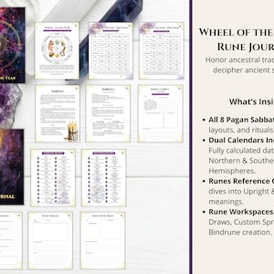 May include: A Wheel of the Year and Rune Journal set featuring two illustrated covers with cosmic and tree motifs, alongside multiple interior pages displaying planners, ritual layouts, calendars, and rune reference guides with text.