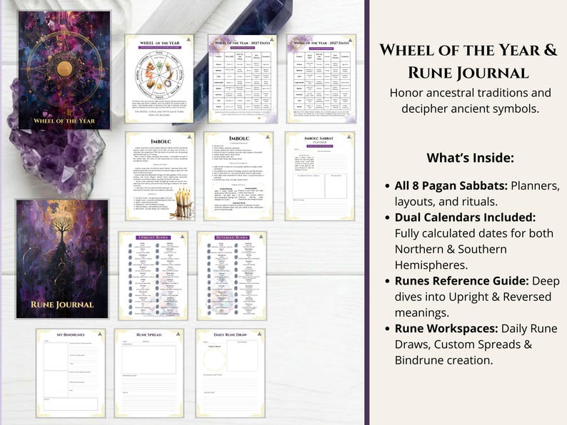 May include: A Wheel of the Year and Rune Journal set featuring two illustrated covers with cosmic and tree motifs, alongside multiple interior pages displaying planners, ritual layouts, calendars, and rune reference guides with text.