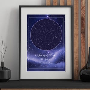May include: Framed print featuring a celestial map with a dark blue background. The print includes a circular constellation design and the text "Jenny & Tom 24th July 2018 Where Our Story Began."