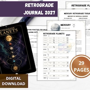 May include: A digital 2027 Retrograde Journal and planner set featuring a tablet displaying a celestial cover with planets, alongside printed pages detailing a Mercury Retrograde toolkit and a 29-page planetary retrograde schedule for the year.