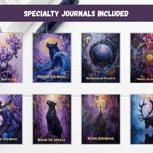 May include: A collection of eight rectangular journals featuring artistic covers with purple, blue, and gold tones. The covers display illustrations of a deer, wolf, planets, a wheel, a fox, a panther, a tree, and a stag, with text including Body & Self-Care, Moon Journal, Retrograde Planets, Wheel of the Year, Tarot Journal, Book of Spells, and Rune Journal.