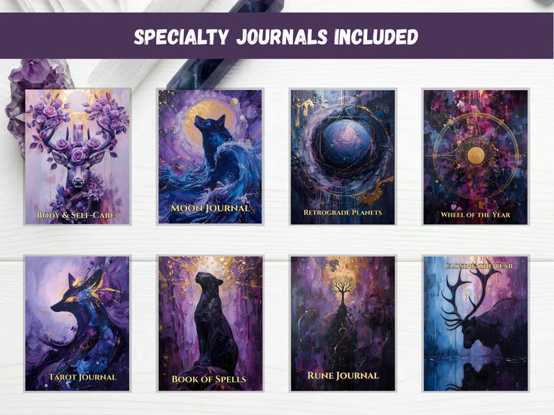 May include: A collection of eight rectangular journals featuring artistic covers with purple, blue, and gold tones. The covers display illustrations of a deer, wolf, planets, a wheel, a fox, a panther, a tree, and a stag, with text including Body & Self-Care, Moon Journal, Retrograde Planets, Wheel of the Year, Tarot Journal, Book of Spells, and Rune Journal.