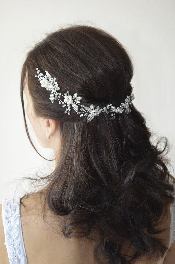 bridal double leaf wedding hair comb bridal long pearl crystal modern  bridal hair vine pearl hair swag back hair piece woodland bridal comb