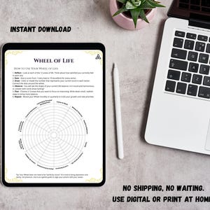 May include: A digital tablet displaying a Wheel of Life assessment template with instructions and a circular chart divided into twelve life sectors. The screen features the title Wheel of Life, numbered scoring sections, and a radial diagram for tracking personal balance.