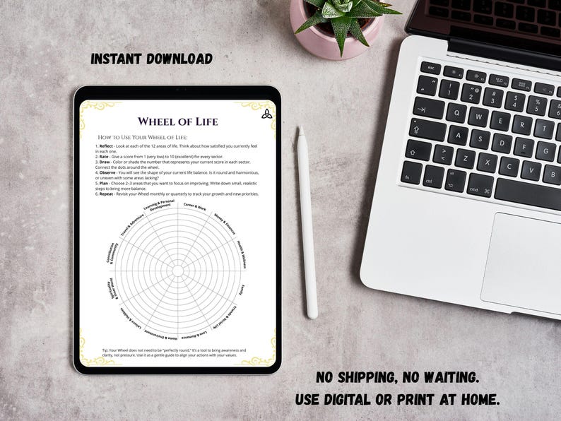 May include: A digital tablet displaying a Wheel of Life assessment template with instructions and a circular chart divided into twelve life sectors. The screen features the title Wheel of Life, numbered scoring sections, and a radial diagram for tracking personal balance.