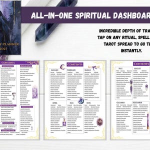 May include: A digital spiritual planner dashboard featuring a cover with a raven illustration and the text Witchy Planner 2027. The layout includes three pages of contents detailing monthly schedules, moon trackers, tarot spreads, and ritual logs.