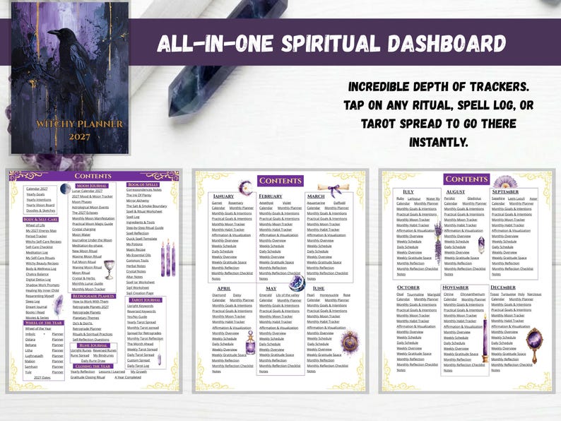 May include: A digital spiritual planner dashboard featuring a cover with a raven illustration and the text Witchy Planner 2027. The layout includes three pages of contents detailing monthly schedules, moon trackers, tarot spreads, and ritual logs.