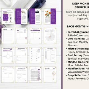 May include: A digital planner layout featuring twenty individual pages with purple and gold accents, including a calendar, habit trackers, goal setting sheets, and daily schedules. The text includes DEEP MONTHLY STRUCTURE and EACH MONTH INCLUDES.