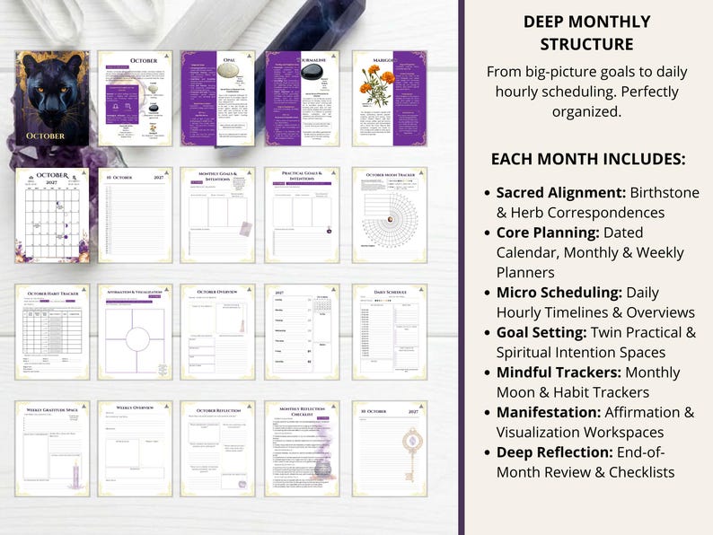 May include: A digital planner layout featuring twenty individual pages with purple and gold accents, including a calendar, habit trackers, goal setting sheets, and daily schedules. The text includes DEEP MONTHLY STRUCTURE and EACH MONTH INCLUDES.
