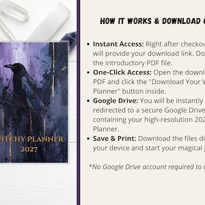 May include: A digital planner cover featuring a black raven perched on a branch against a purple and dark blue abstract background with gold accents. The text reads WITCHY PLANNER 2027. Beside it, a guide explains the download process via Google Drive.