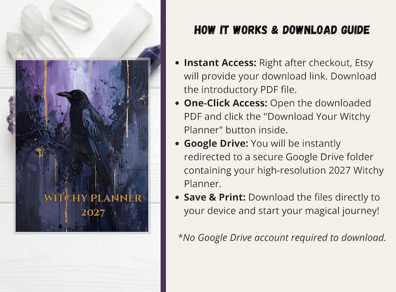 May include: A digital planner cover featuring a black raven perched on a branch against a purple and dark blue abstract background with gold accents. The text reads WITCHY PLANNER 2027. Beside it, a guide explains the download process via Google Drive.