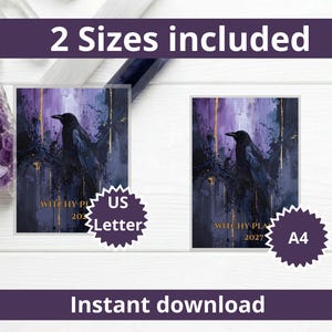 May include: Two digital planner covers featuring a black raven perched on a branch against a purple and dark blue abstract background with gold vertical streaks. The text reads Witchy Planner 2027. Labels indicate US Letter and A4 sizes.