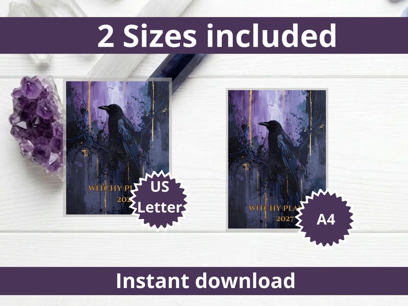May include: Two digital planner covers featuring a black raven perched on a branch against a purple and dark blue abstract background with gold vertical streaks. The text reads Witchy Planner 2027. Labels indicate US Letter and A4 sizes.