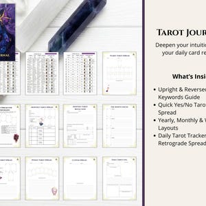 May include: A tarot journal featuring a cover with a dark, stylized fox illustration and eleven interior pages displayed. The pages include layouts for daily, weekly, and monthly tarot readings, a keywords guide, and a quick yes or no reference spread.
