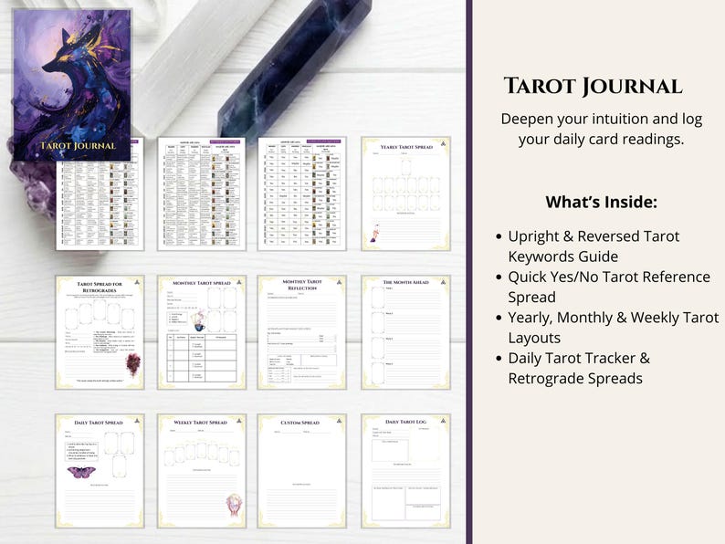 May include: A tarot journal featuring a cover with a dark, stylized fox illustration and eleven interior pages displayed. The pages include layouts for daily, weekly, and monthly tarot readings, a keywords guide, and a quick yes or no reference spread.