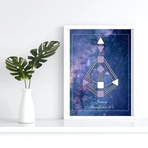 May include: A framed print featuring a geometric design in white and lavender against a deep blue and purple galaxy background. The text "Jenny Manifestor 2/4" is at the bottom. A white vase with green leaves is on the left.