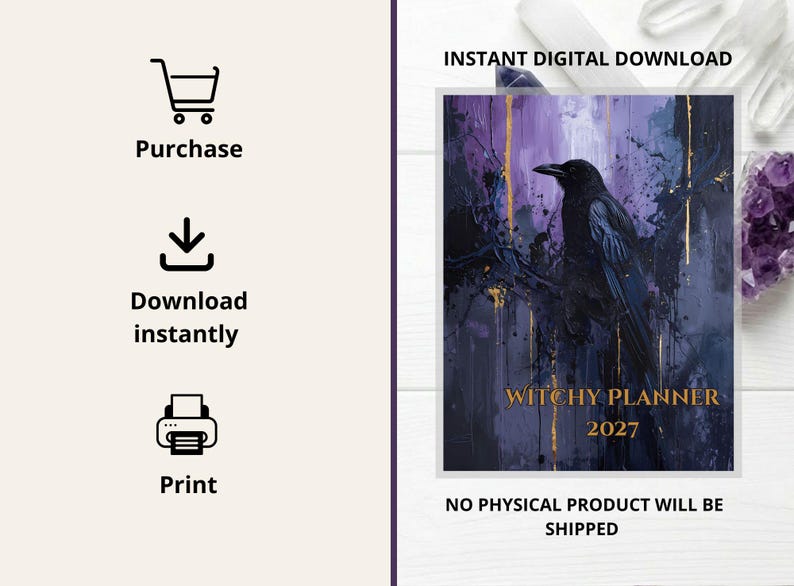 May include: A digital planner cover titled WITCHY PLANNER 2027 featuring a black crow perched on a branch against a dark purple and blue abstract background with gold vertical accents. The image includes icons for purchase, download, and print.