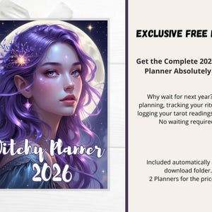 May include: A digital planner cover titled Witchy Planner 2026 featuring an illustration of a person with long purple hair against a full moon and starry sky. Text on the right reads EXCLUSIVE FREE BONUS Get the Complete 2026 Dated Planner Absolutely Free!