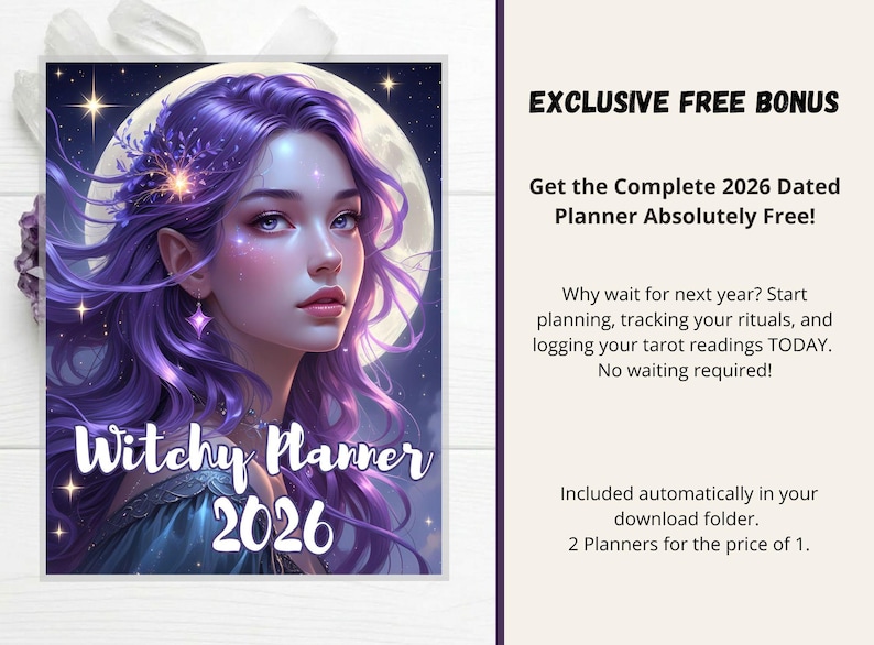 May include: A digital planner cover titled Witchy Planner 2026 featuring an illustration of a person with long purple hair against a full moon and starry sky. Text on the right reads EXCLUSIVE FREE BONUS Get the Complete 2026 Dated Planner Absolutely Free!