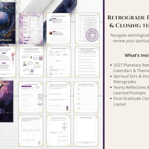 May include: A digital planner set titled Retrograde Planets & Closing the Year, featuring multiple pages with astrological themes, calendars, reflection prompts, and ritual layouts. The pages include purple and gold accents, celestial imagery, and text.