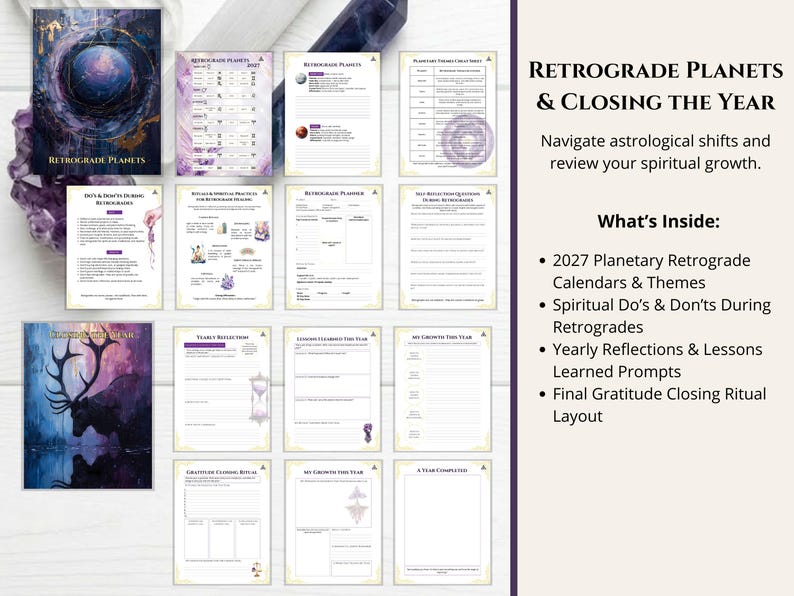 May include: A digital planner set titled Retrograde Planets & Closing the Year, featuring multiple pages with astrological themes, calendars, reflection prompts, and ritual layouts. The pages include purple and gold accents, celestial imagery, and text.