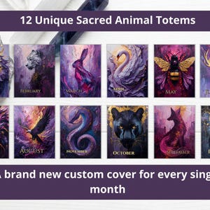 May include: A collection of 12 rectangular cards featuring artistic illustrations of animals, each labeled with a month from January to December. The set includes a wolf, leopard, rabbit, swan, bee, deer, lion, eagle, snake, panther, fox, and bear.