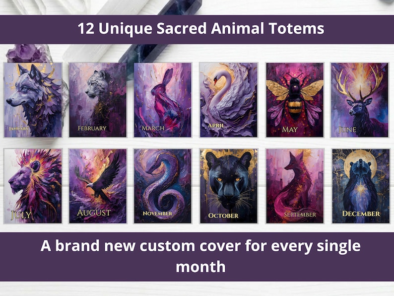 May include: A collection of 12 rectangular cards featuring artistic illustrations of animals, each labeled with a month from January to December. The set includes a wolf, leopard, rabbit, swan, bee, deer, lion, eagle, snake, panther, fox, and bear.