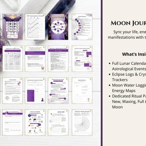 May include: A Moon Journal planner set featuring twenty individual pages with purple and gold accents. The pages include a 2027 lunar calendar, eclipse logs, crystal charging trackers, moon water logging, phase energy maps, and ritual pages.